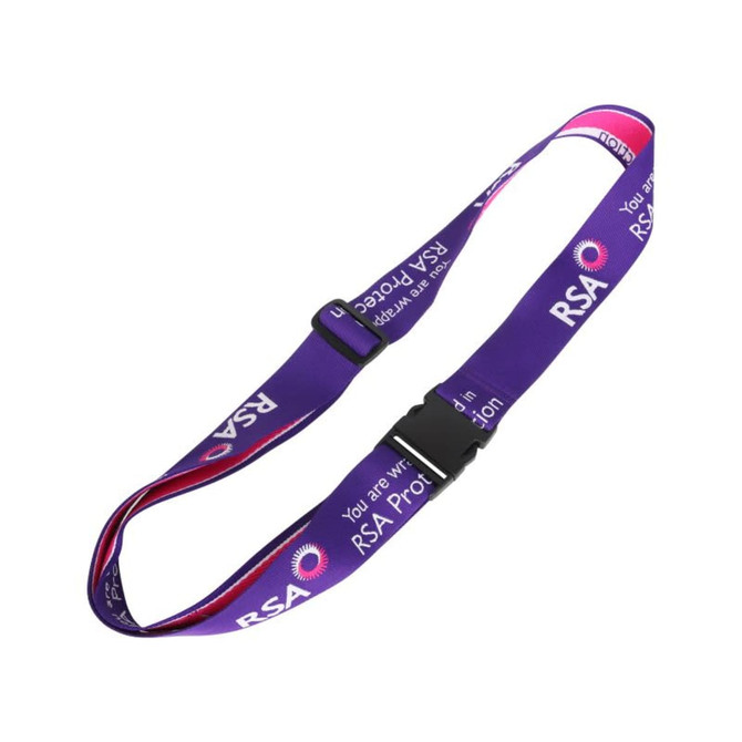 A woven luggage belt in purple with a black buckle, featuring a logo and text design along its length.