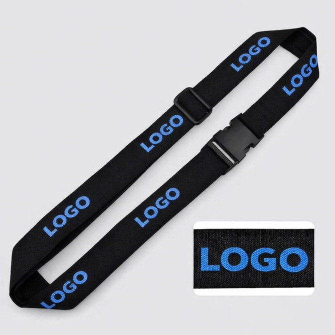 A woven luggage belt in black with blue branding on the strap and a close-up of the logo.