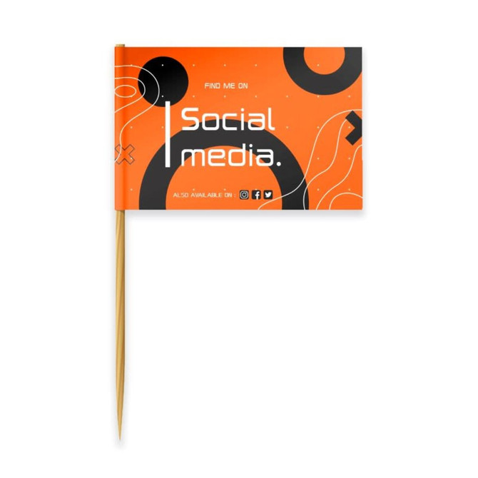 A small orange flag with a wooden stick, featuring a modern design and a logo.