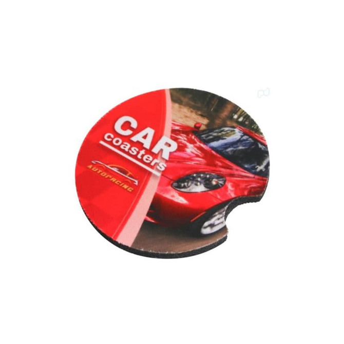 A round, full-colour neoprene car coaster featuring a red car design and a logo.