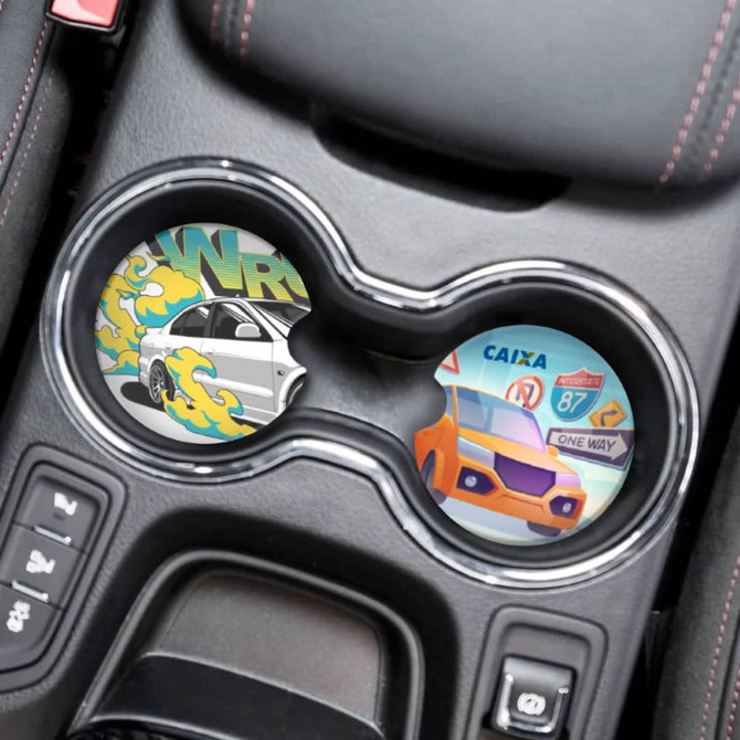 Full colour neoprene car coasters featuring vibrant car designs in a vehicle's cup holder.