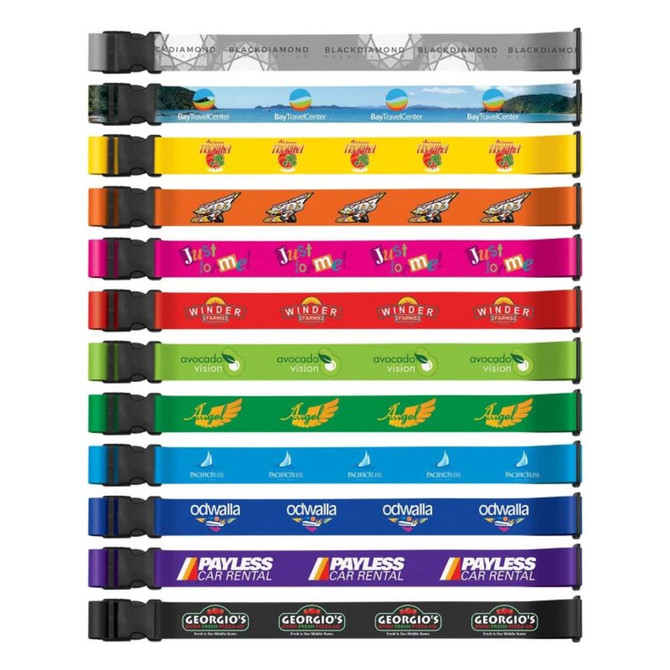 A collection of full-colour luggage straps in various vibrant colours, each featuring different branding.
