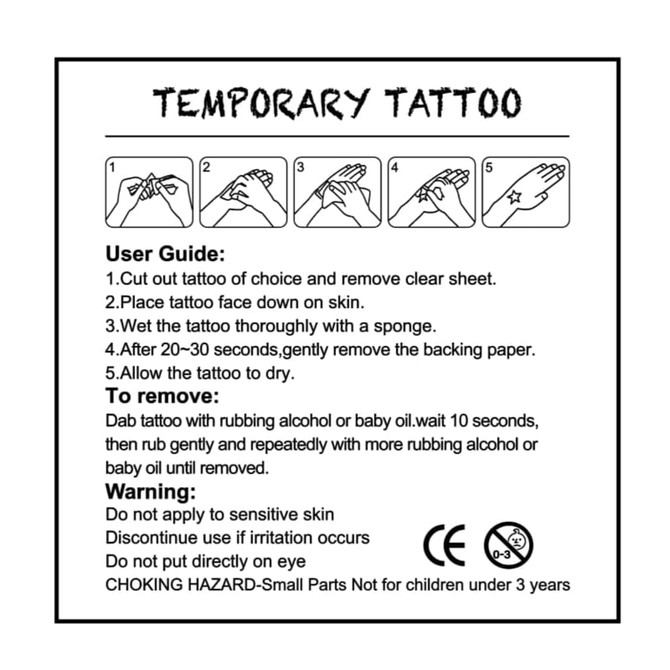 A temporary tattoo featuring glow-in-the-dark properties, with instructions for application and care.
