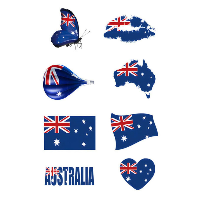 A collection of temporary tattoos featuring Australian flags, a butterfly, a map outline, and a heart, in blue and white.