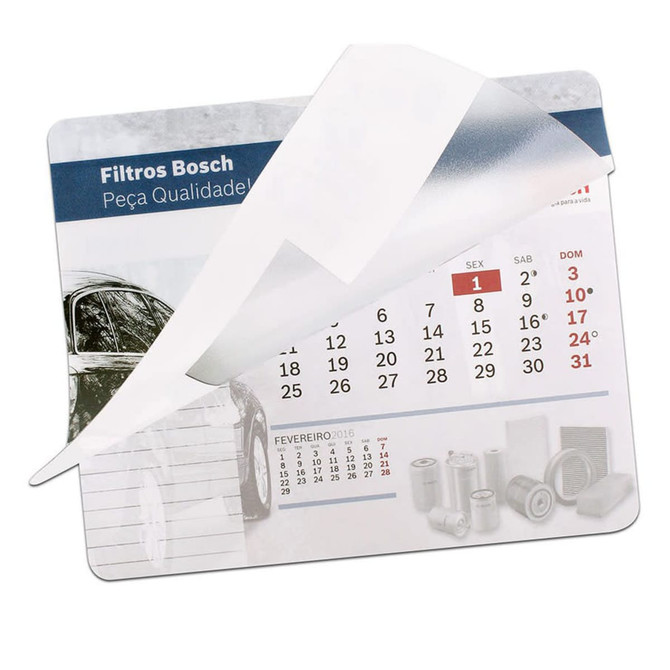 A clear mouse mat featuring a calendar design with a car image, predominantly in grey and white tones.