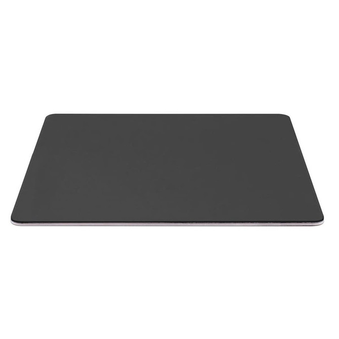 A black mouse mat with a smooth surface, featuring a subtle edge design and a branding logo.