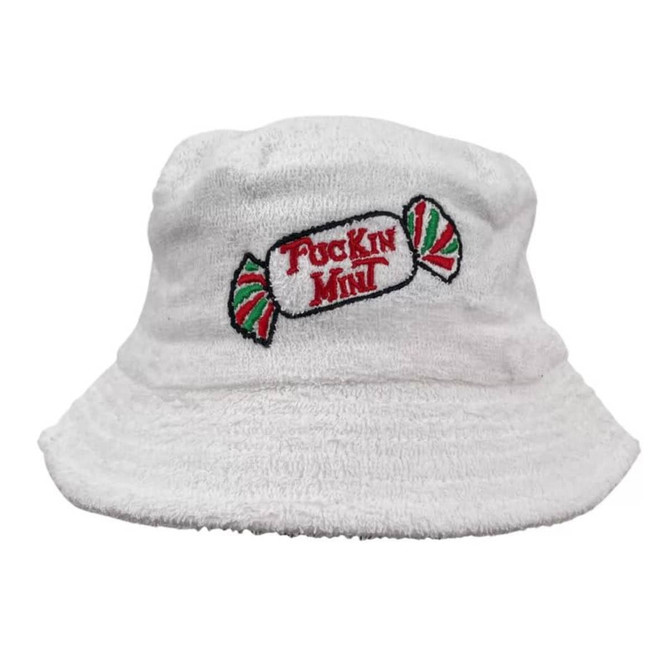 A white terry towelling bucket hat featuring an embroidered design with festive candy motifs.