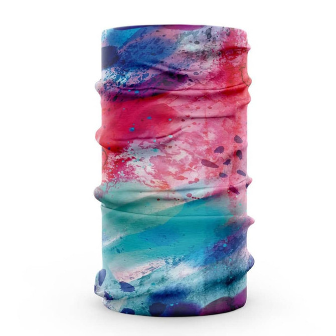 A multi-purpose headwear item in vibrant shades of pink, blue, and purple, featuring a swirling abstract design.