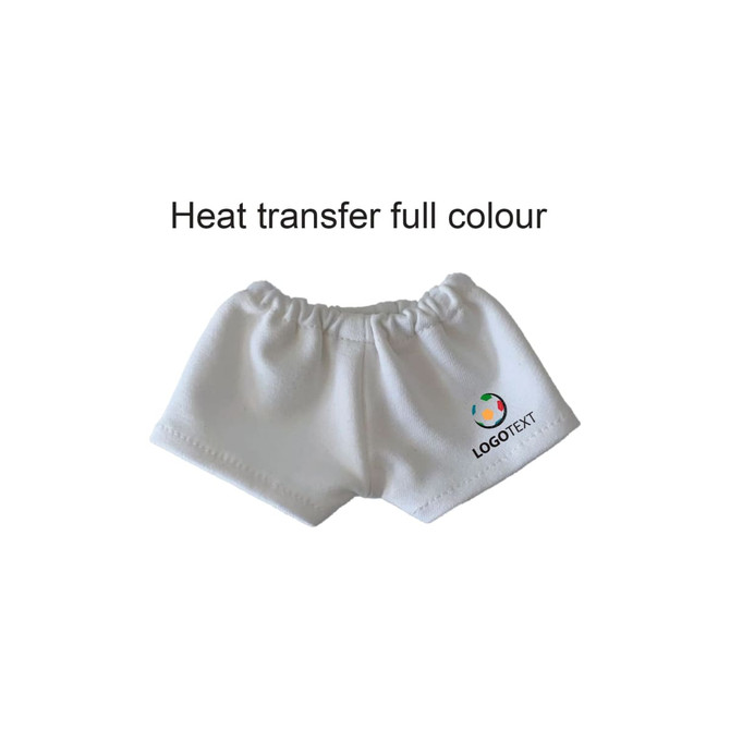 A pair of white plush doll shorts featuring a logo and a soft, stretchy waistband.