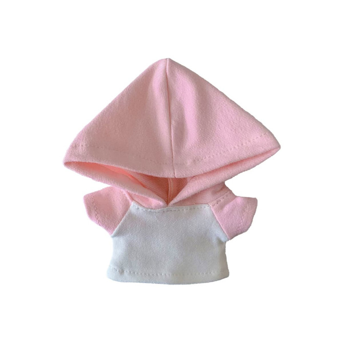 A plush doll raglan hoodie in pink and white with a hood. Features short sleeves and a simple design.