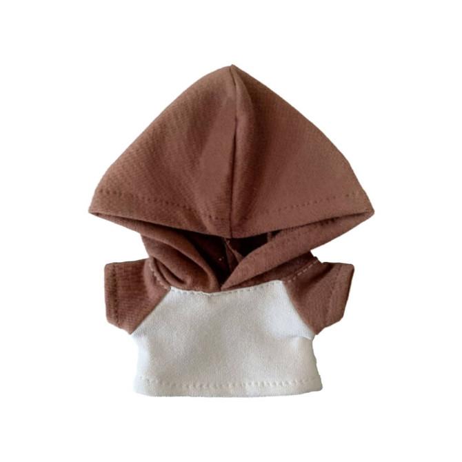 A plush doll raglan hoodie featuring a brown and white design, complete with a large hood. It has a logo.