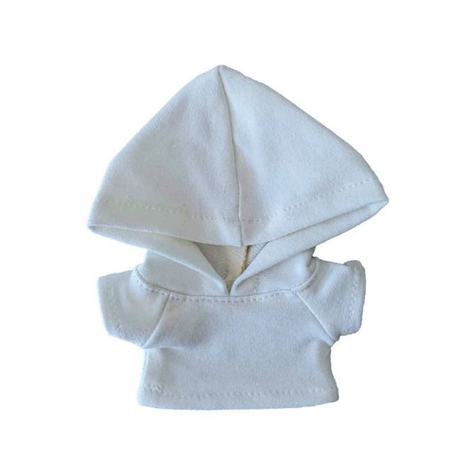 A white plush doll hoodie featuring a hood and short sleeves, with a simple design and no visible branding.