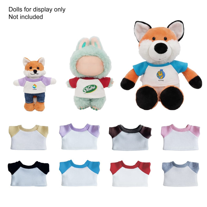 A collection of colourful raglan t-shirts in various pastel shades, displayed with plush dolls. Some shirts feature different collar colours.