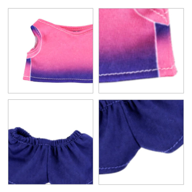 A plush doll outfit featuring a pink ombre top and a navy blue skirt, with elastic waistband details.