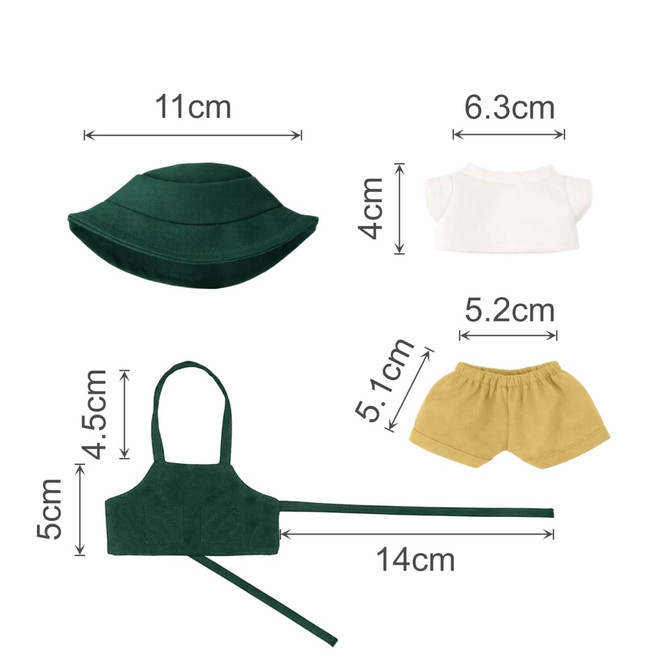 A green hat, white top, green apron, and yellow shorts for 15–17cm dolls. Includes a logo on the items.