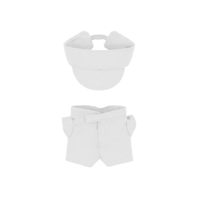 A plush doll outfit set featuring a white racing suit and matching cap, suitable for 10cm dolls, with a logo.