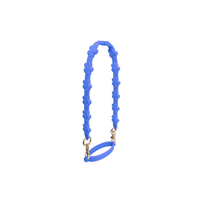 A drink bottle strap in blue, featuring a floral design and gold metal clips.