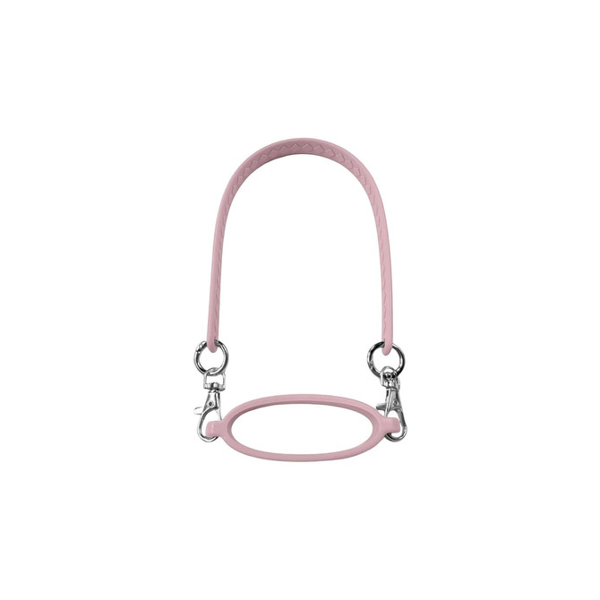 A drink bottle strap in soft pink silicone with metallic clips on each end, featuring a textured handle design.
