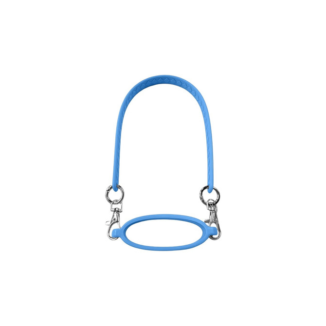 A drink bottle carry strap in blue silicone, featuring two metal clips for attachment.