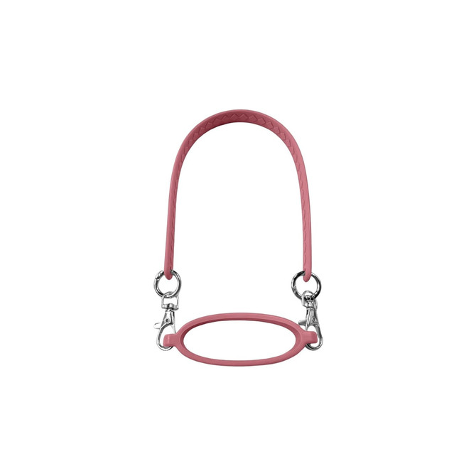 A drink bottle carry strap in a soft pink silicone with metal clips for attachment. It features a textured grip.