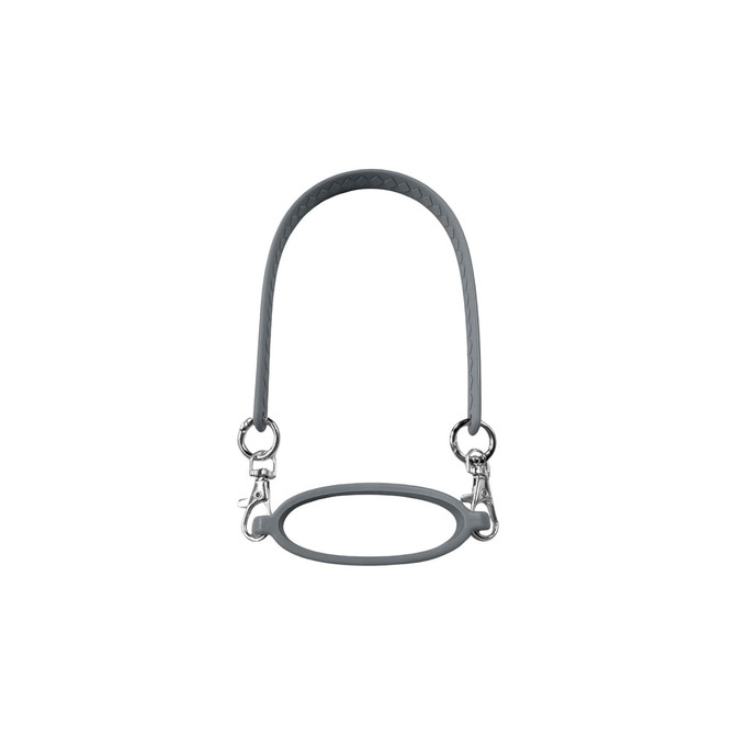 A drink bottle carry strap in grey silicone with metal clips for attaching to bottles.