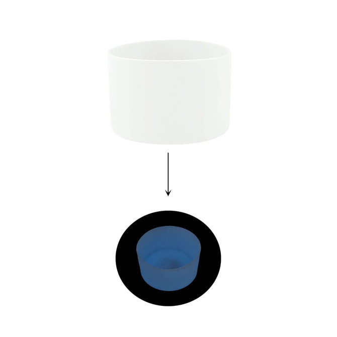 A drink bottle with a white tumbler and a blue glow-in-the-dark silicone boot beneath it. Contains a logo.