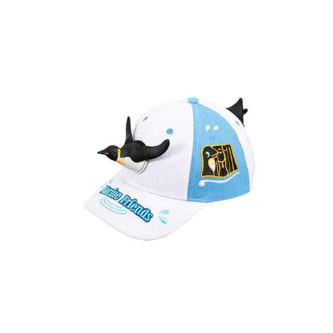 A white cap with a blue panel, featuring a penguin design and a 3D flying penguin embellishment.