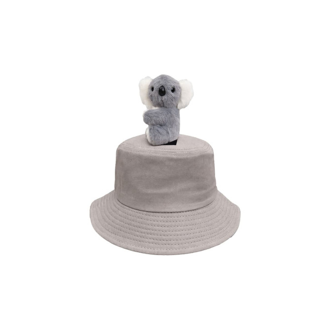 A grey bucket hat featuring a plush koala toy on top, with a textured finish and a logo.
