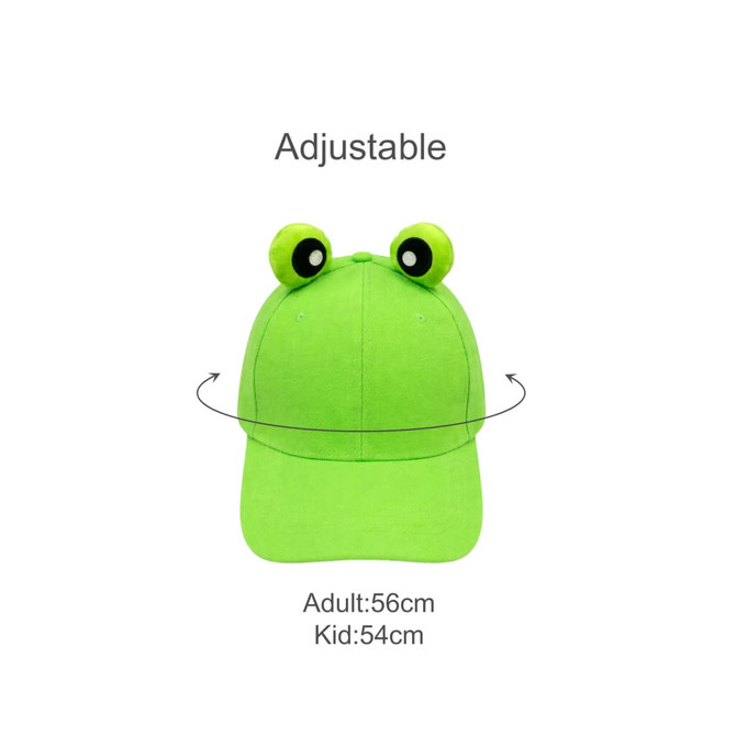 A bright green baseball hat with adjustable sizing and frog-shaped ears on the top. Features a logo.
