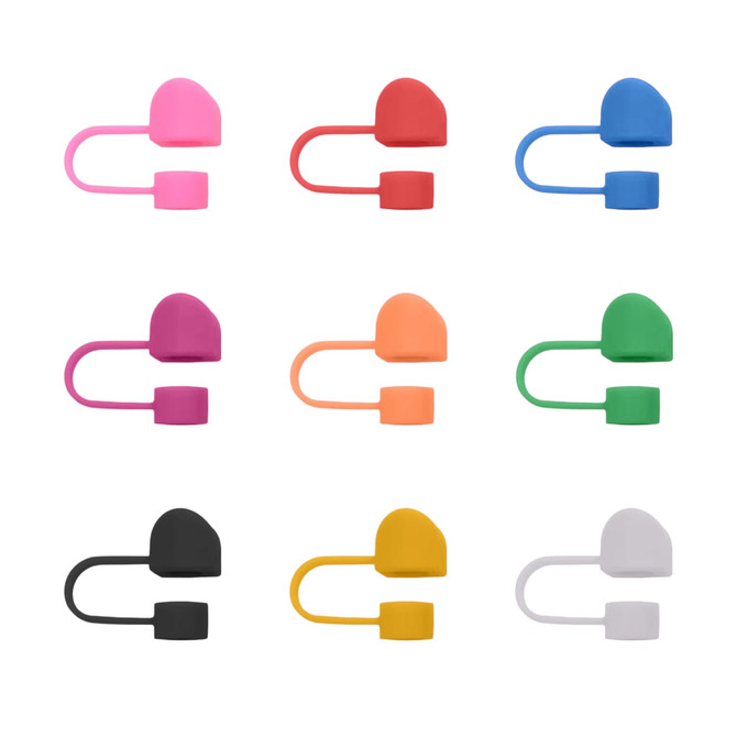 A drink bottle features nine custom shape straw covers in pink, red, orange, green, black, yellow, and white. Each has a logo.