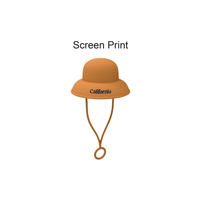 A bucket hat-shaped silicone straw cover in orange, featuring a logo and attached straps.