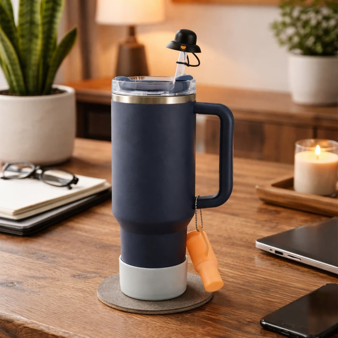 A drink bottle with a navy blue silicone straw cover shaped like a bucket hat, sitting on a wooden table.