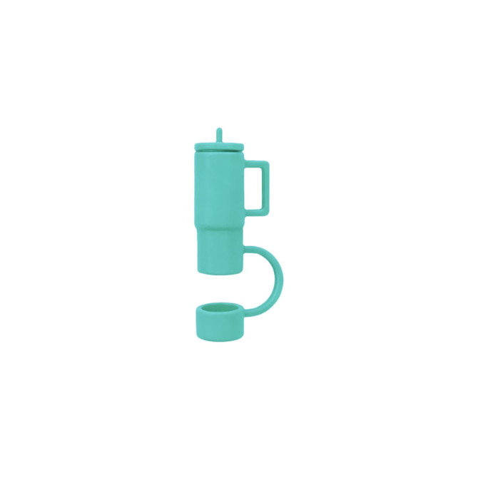 A drink bottle with a cup-shaped silicone straw cover in a teal colour, featuring a handle and curved design.