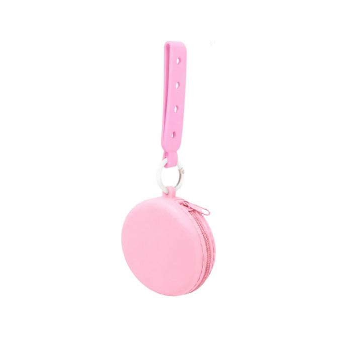A round pink silicone pouch with a strap and zipper, featuring holes for adjustable length.