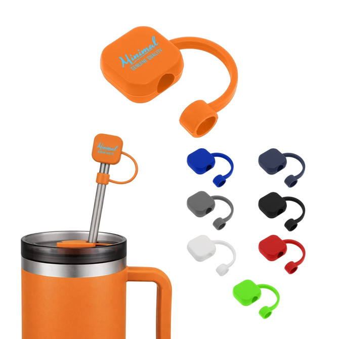 A drink bottle with an orange Square Silicone Straw Cover and several additional colour options displayed around it.