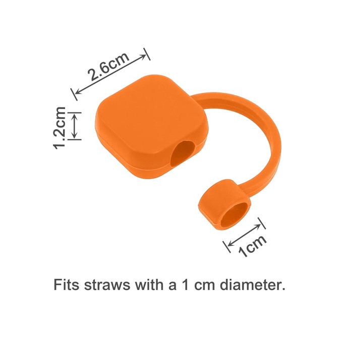 An orange square silicone straw cover with a loop attachment, measuring 2.6cm by 1.2cm.