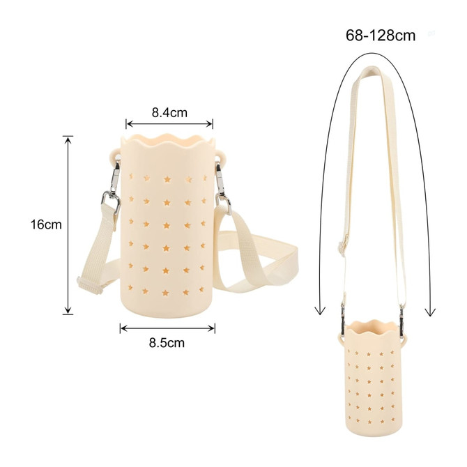 A drink bottle bag in a light beige colour with a star pattern and adjustable strap, featuring a logo.