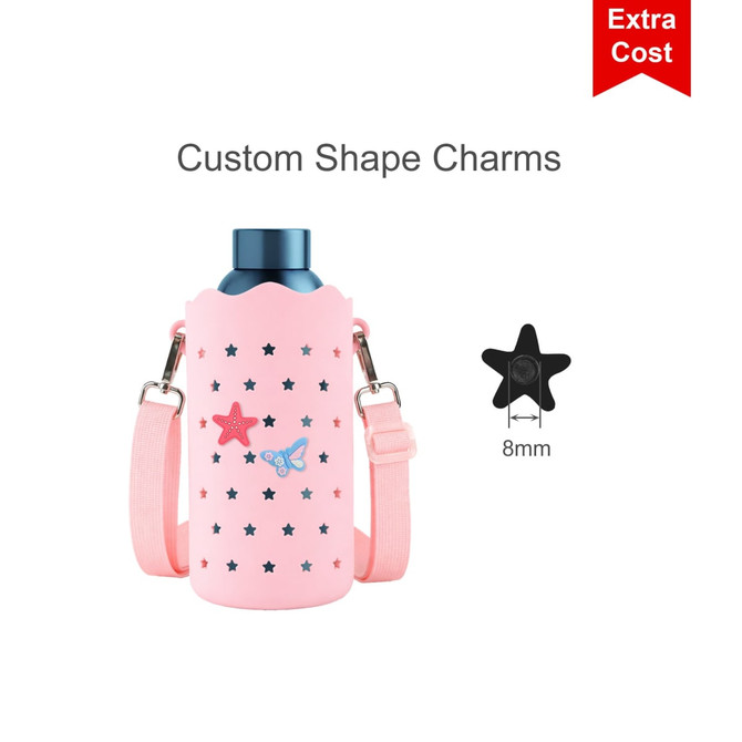 A drink bottle in a pink silicone bag with star designs and a strap, featuring a logo.