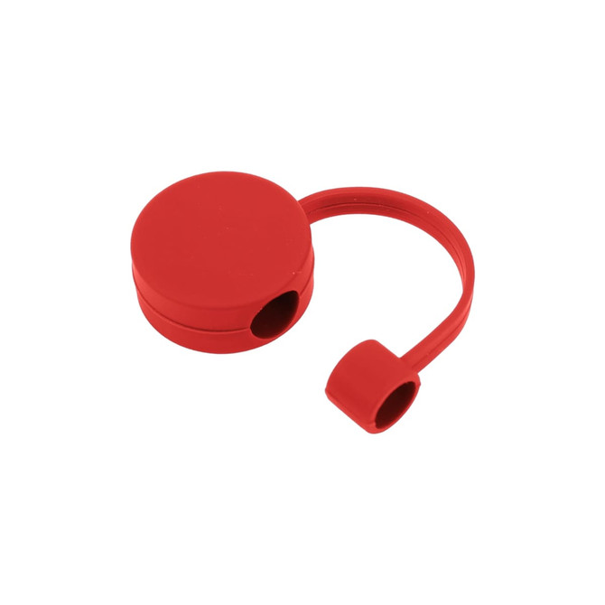 A red round silicone straw cover with an attached loop for easy handling. Features a small opening for a straw.