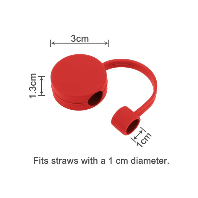 A round red silicone straw cover with two openings, designed to fit straws with a 1 cm diameter.