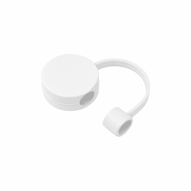 A round white silicone straw cover with a connecting loop, featuring two openings. It has a simple, smooth design.