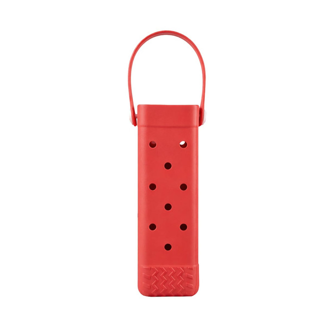 A drink bottle bag in bright red with holes for ventilation and a handle for easy carrying. It features a logo.