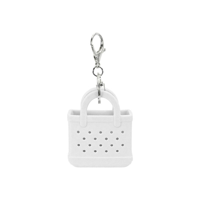 A white mini EVA holes bag keychain with a clip attachment. It features a cute design with perforations.