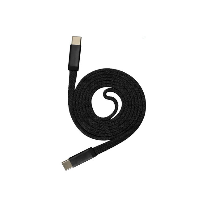 A black braided charging cable with USB connectors at both ends, coiled in a spiral shape.