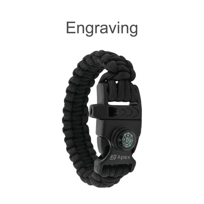 A black 3-in-1 emergency survival bracelet featuring a whistle and compass, with a sturdy woven design.