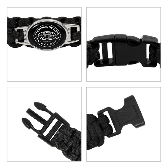 A black braided paracord bracelet featuring a themed pendant and a sturdy clasp. The bracelet includes a logo.