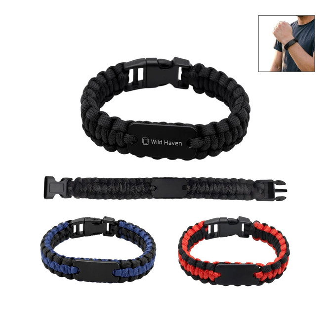 A paracord bracelet in black, red, and blue with a black metal plate and a logo. Includes adjustable clasps.