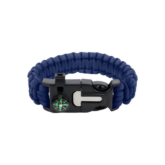 A navy blue survival bracelet featuring a compass, fire starter, whistle, and paracord design. It includes a black clasp.