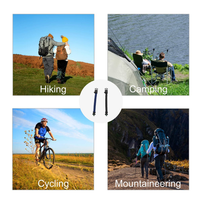 A display of a black survival bracelet surrounded by images of hiking, camping, cycling, and mountaineering activities.