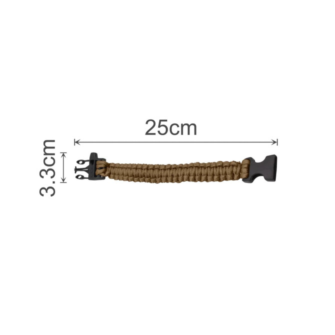 A tan paracord bracelet with a black clip, measuring 25cm in length and 3.3cm in width, featuring a whistle.